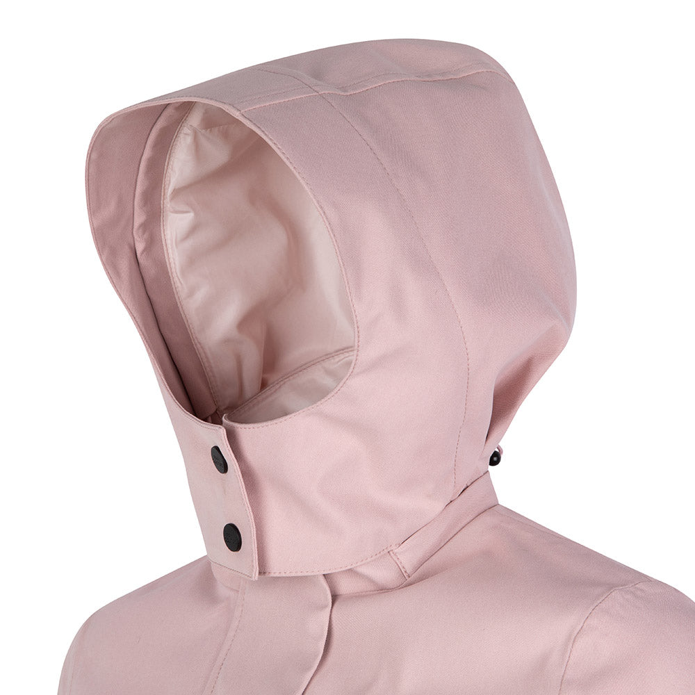pink tailored parka with detachable hood