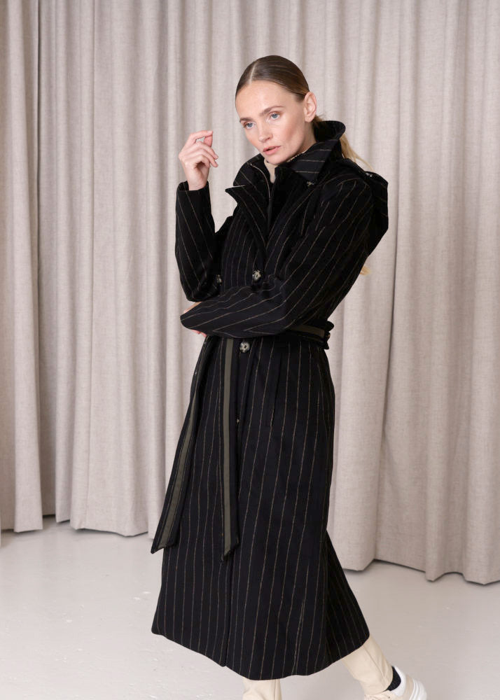 Maxi double breasted wrapcoat - Black Wool Stripe