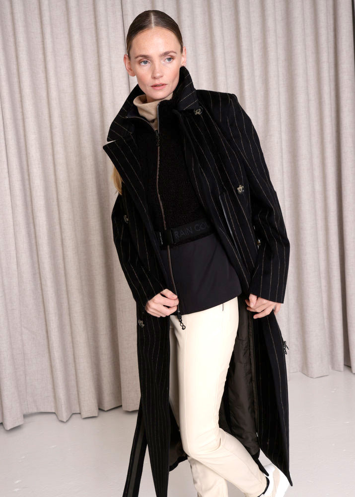 Maxi double breasted wrapcoat - Black Wool Stripe