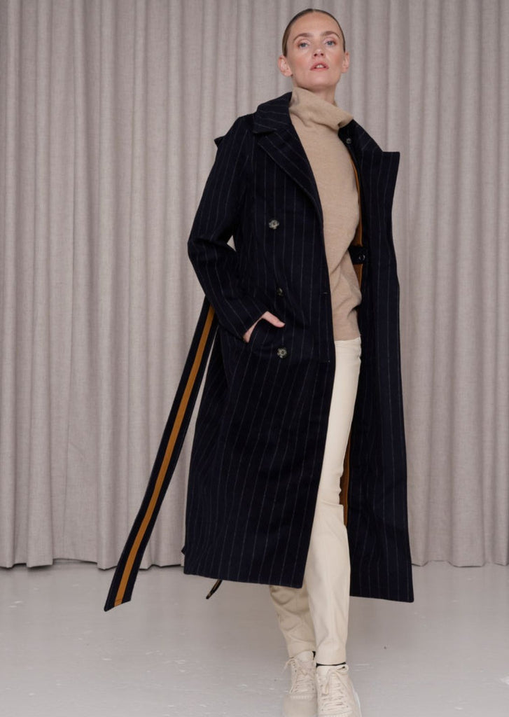 Double-Breasted  Waterproof  Woollen Trench- Striped Navy