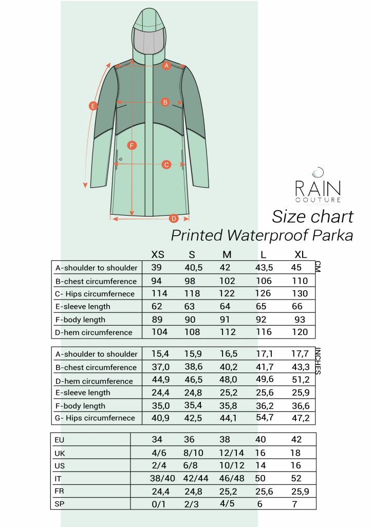 Size chart Printed waterproof parka