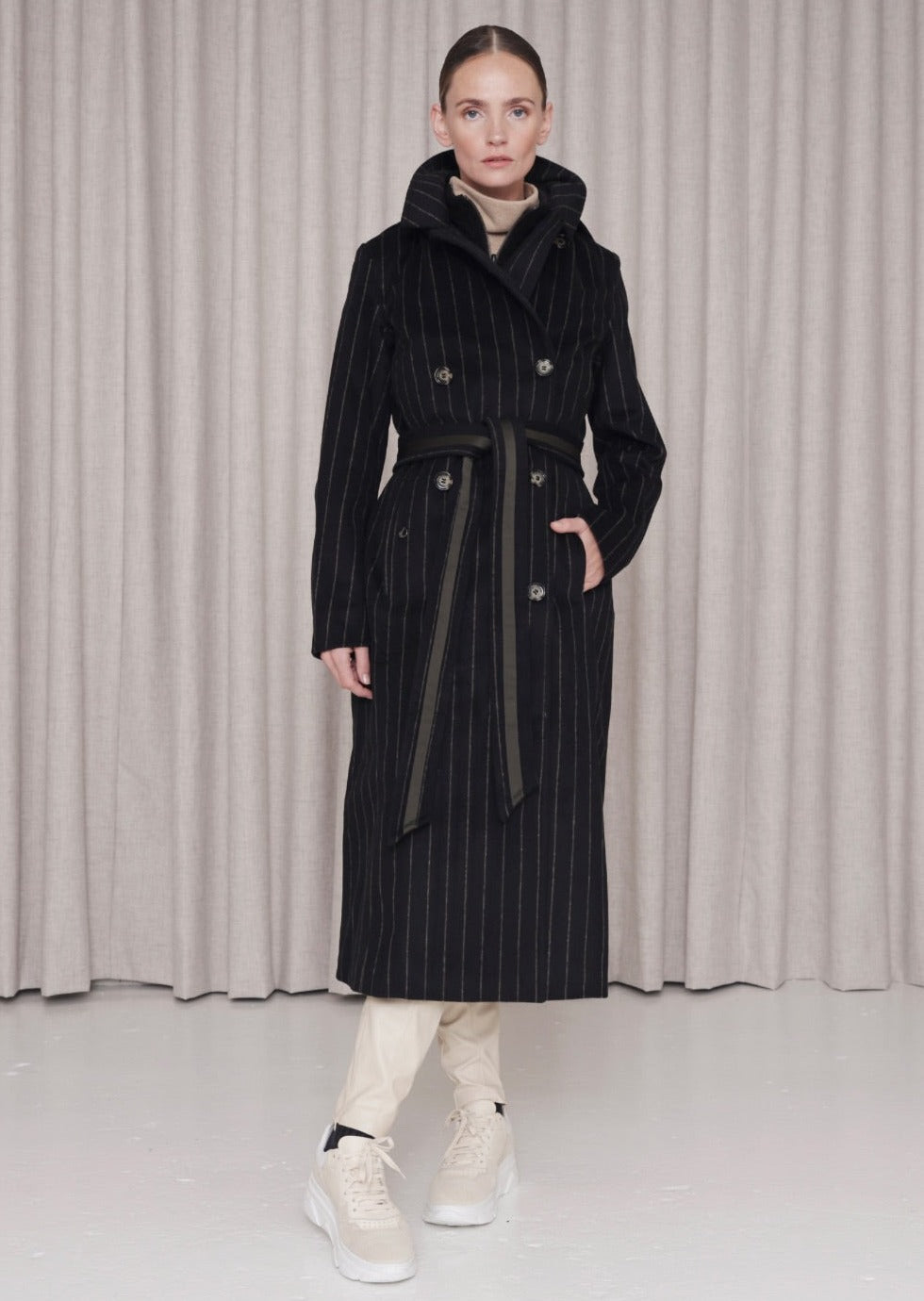 Waterproof Double Breasted Wool Trench  | Striped Black Wool